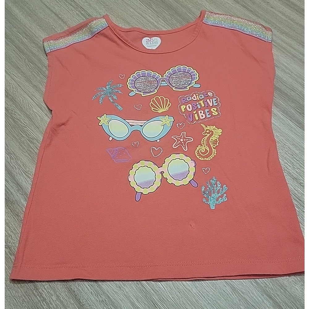 365 Kids Garanimals Girls Coral Pink Sunglasses Graphic Tee Shirt Size 7